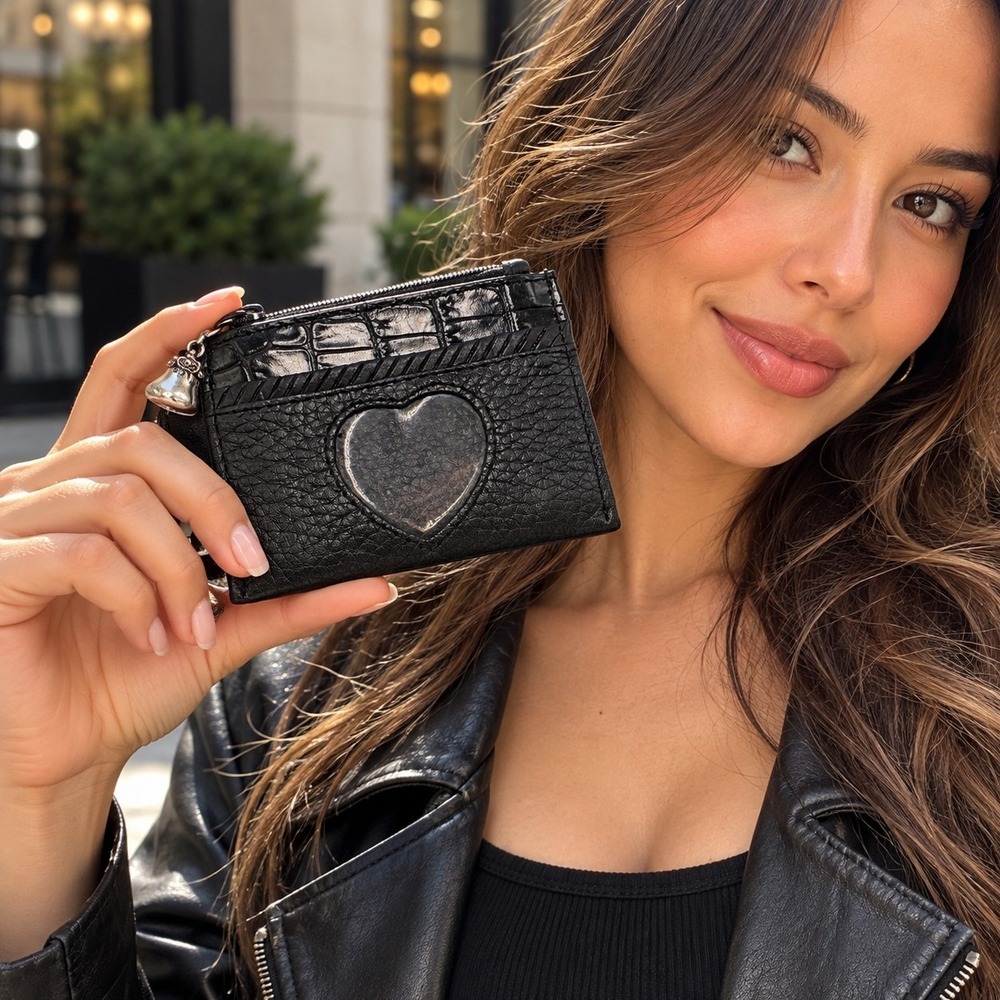 Brighton Black Leather Card Case Coin Purse Wallet Heart ID Window Silver Charm